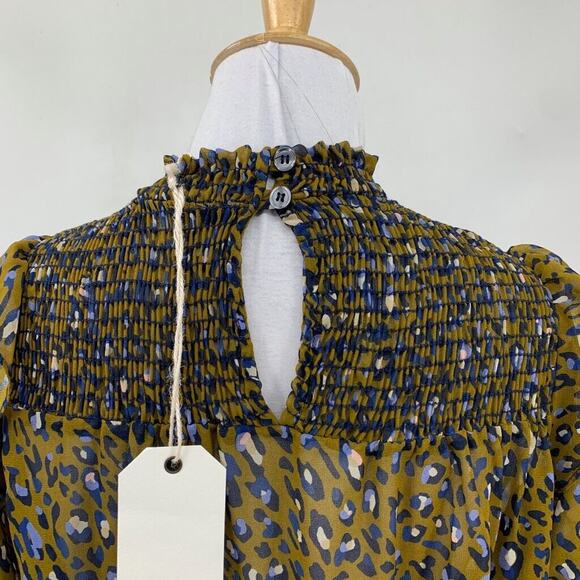 Cotton Chicks Blouse Womens S Small Multi Semi Sheer Smocked Puff Sleeve Leopard - Picture 7 of 14